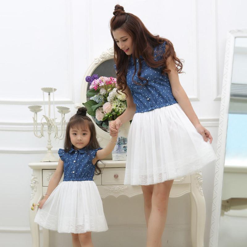 Mom and Daughter Dress Matching Clothes 2016 Blue White Dress for Kids and Women Summer Family Outfits Mother Daughter Dresses