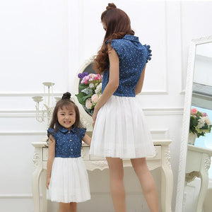 Mom and Daughter Dress Matching Clothes 2016 Blue White Dress for Kids and Women Summer Family Outfits Mother Daughter Dresses